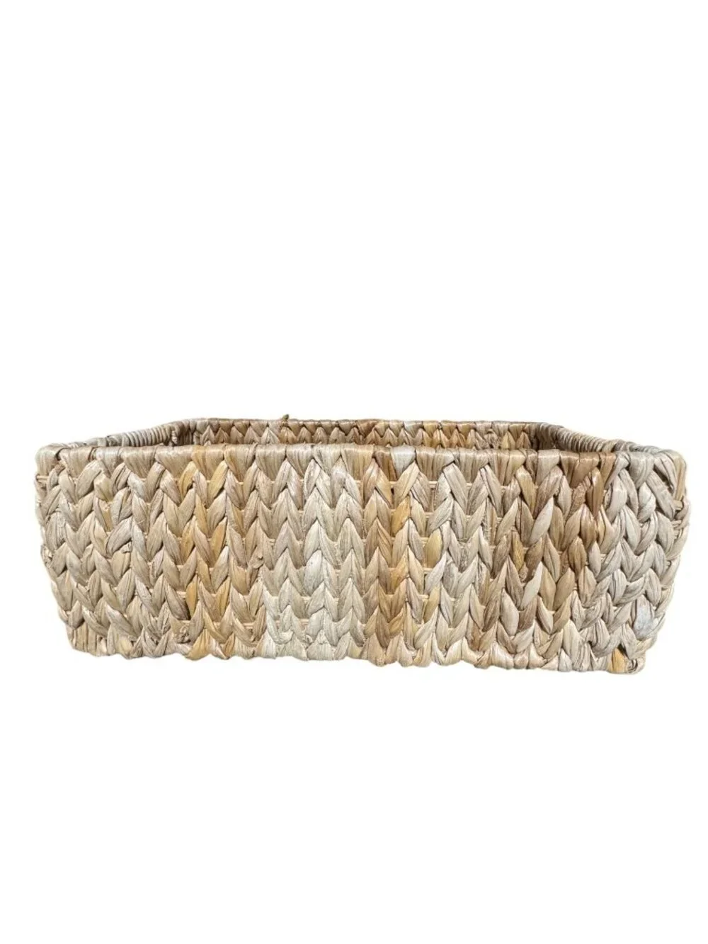 Handwoven Rectangular Water Hyacinth Basket With Handles For Storage Or Decor